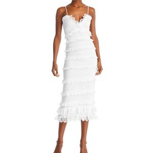 V. CHAPMAN Narcisse Smocked Ruffle Trim Midi Dress